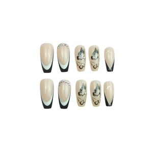 Long eagle hook press-on nails with black and white French lines and butterfly design