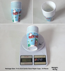 Détail de 10 gobelets de Noël en papier Père Noël avec dimensions et poids affichés