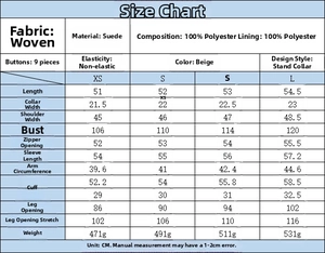 Size chart for women's beige woven suede jacket with detailed measurements for XS to L