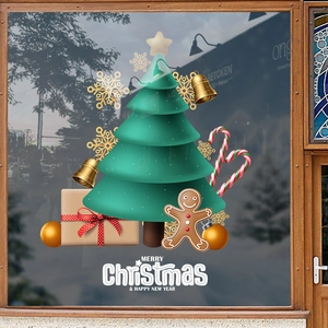 Christmas window stickers with green tree, gingerbread man and Merry Christmas text