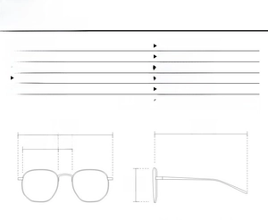 Detailed size chart for oversized square frame glasses with dimensions and frame weights