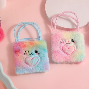 Rainbow plush bunny bags with cat embroidery and heart patches on display stands