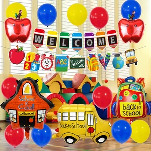 Welcome Back-to-School party decoration set with school bus and bookbag balloons