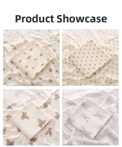 Detailed view of breathable cotton gauze blankets featuring cute animal and heart prints