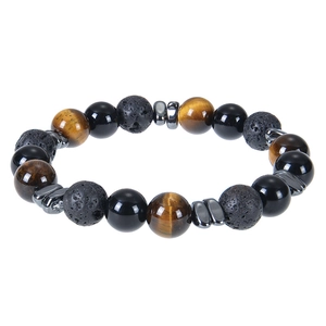 Natural Tiger Eye And Lava Stone Beaded Bracelet With Hematite Spacers Elastic Unisex Minimalist Jewelry