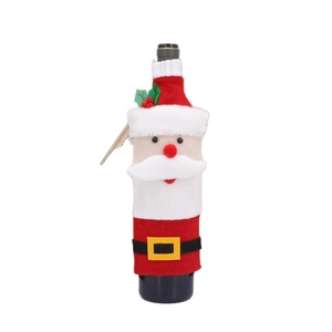 Knitted Santa Claus wine bottle cover with red plush beard and belt for Christmas decor
