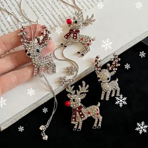 Christmas reindeer jewelry set with silver necklace and crystal brooch accessories