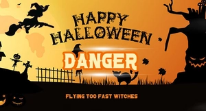 Close-up of Halloween hanging banner with glowing Happy Halloween and Danger Witch text