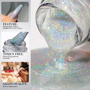 Detailed view of silver holographic laser nail polish with rainbow cat eye glitter effect