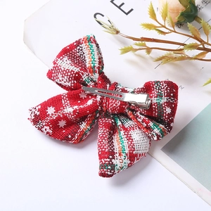 Barrette à cheveux nœud de Noël à carreaux rouges en lin et coton avec pince métal