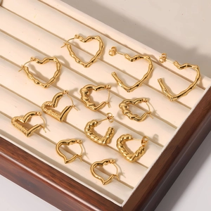 Set of 18k gold plated heart earrings with bamboo textures and smooth finishes for women