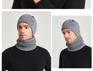 Detail of men's winter knit beanie and neck warmer set with grey ribbed texture and button