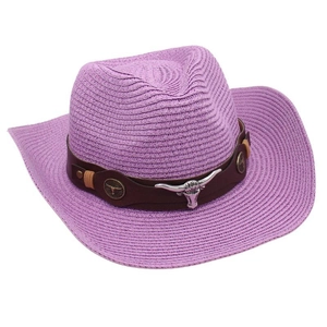 Detail of purple woven cowboy hat with leather band and silver longhorn skull ornament