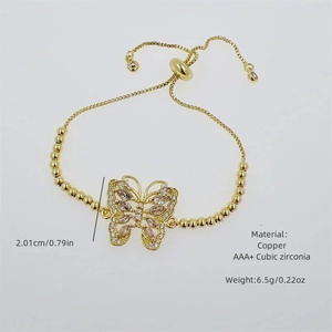 18k gold plated butterfly bracelet with colorful AAA+ zirconia and adjustable slide closure