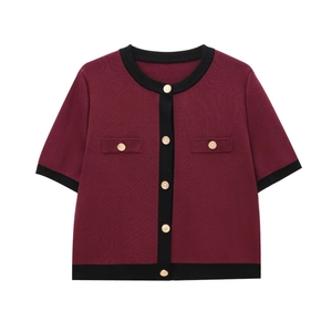 Women's burgundy short sleeve knit cardigan with black contrast trim and gold buttons
