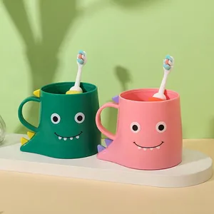 Creative cartoon dinosaur mouthwash cups for kids in green and pink set with handles