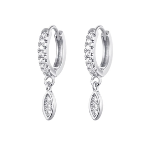 Macro shot of silver zircon drop earrings featuring a marquise cut pendant and white stones
