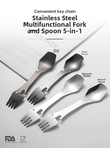 Detailed close-up of 5-in-1 stainless steel camping utensils in matte and polished finishes