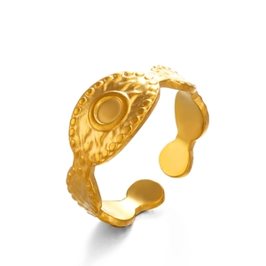 Minimalist gold stainless steel open ring with hammered texture in geometric oval shape