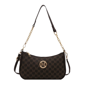 Brown monogram underarm bag with gold M-logo and adjustable chain shoulder strap