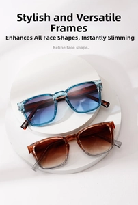 Detail view of square gradient lens sunglasses on white pedestal for face refining