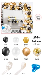 Balloon arch kit with 120 black, white, and gold balloons plus full assembly tools