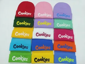 Close-up of Cookies brand logo embroidery on knitted beanies in 15 vibrant color options