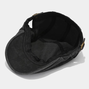 Retro washed charcoal 100% cotton newsboy flat cap with distressed vintage street style