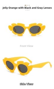 Front and side view of yellow flower shaped sunglasses with dark grey round lenses