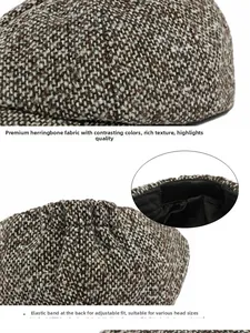 Dettaglio del cappello newsboy in tweed con texture a contrasto ed elastico regolabile