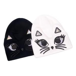 Berretto In Maglia Carine Orecchie Di Gatto Toppa Olografica Viso Ricamato Cappello Invernale Caldo Per Donne Ragazze