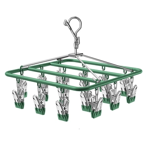 Green stainless steel multi-clip drying rack for socks and laundry with 20 anti-slip clips