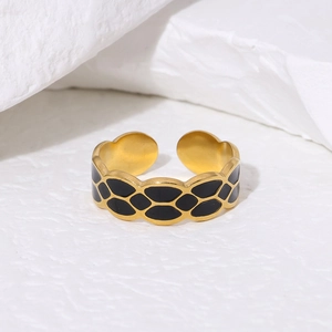 French vintage 18K gold plated stainless steel ring with black honeycomb enamel pattern