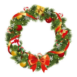 Vue détaillée d'une couronne de Noël avec nœuds rouges, boules dorées et aiguilles de pin