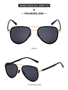 Detailed front and side view of matte gold pilot polarized sunglasses with grey lenses