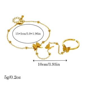 Gold-plated stainless steel butterfly ring bracelet set with size measurements