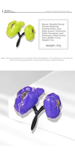 Detailed view of large peony brooches in green and purple enamel with zinc alloy base