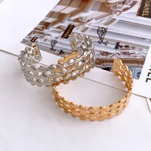 Cuff Bracelet Hollow Geometric Three Layer Oval Disc Metal Bangle Adjustable Modern Trendy Accessory For Women