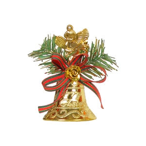 Golden Christmas bell with angel statue, green pine needles, and red plaid bow decoration