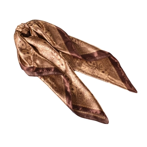 Detailed close-up of brown paisley satin scarf with silky texture and elegant border