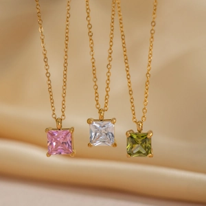 Square Zirconia Pendant Necklace 304 Stainless Steel Gold Plated Waterproof Hypoallergenic Minimalist Jewelry For Women