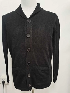 Detail of black knit cardigan featuring shawl collar, front buttons and dual pockets