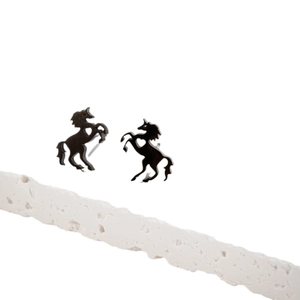 Minimalist black stainless steel running horse stud earrings with hollow heart design