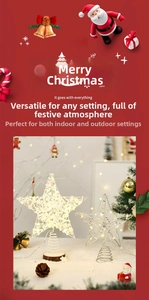 Detail of glowing LED Christmas tree topper stars with warm lights and metal wire frame