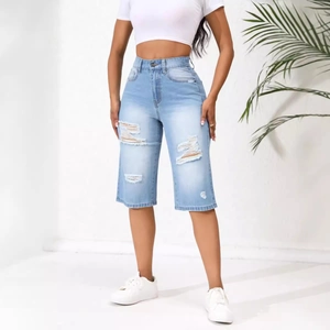 Women's light blue distressed high waist denim shorts with frayed hems and ripped details