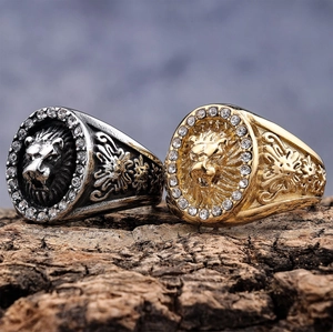 Vintage stainless steel lion head rings with zircon in gold and silver finishes