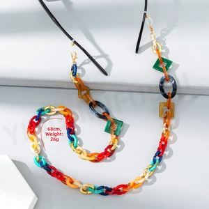 Detail of multi-color acrylic geometric links glasses chain with golden clasps