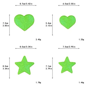 Size chart for green sequin heart and star patches showing cm and inch measurements