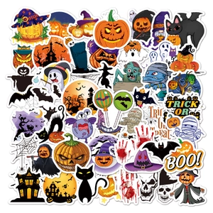 Flat lay of diverse waterproof Halloween stickers with pumpkins and ghost patterns
