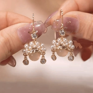Elegant Chinese style long-life lock earrings with pink opals and pearls in rose gold